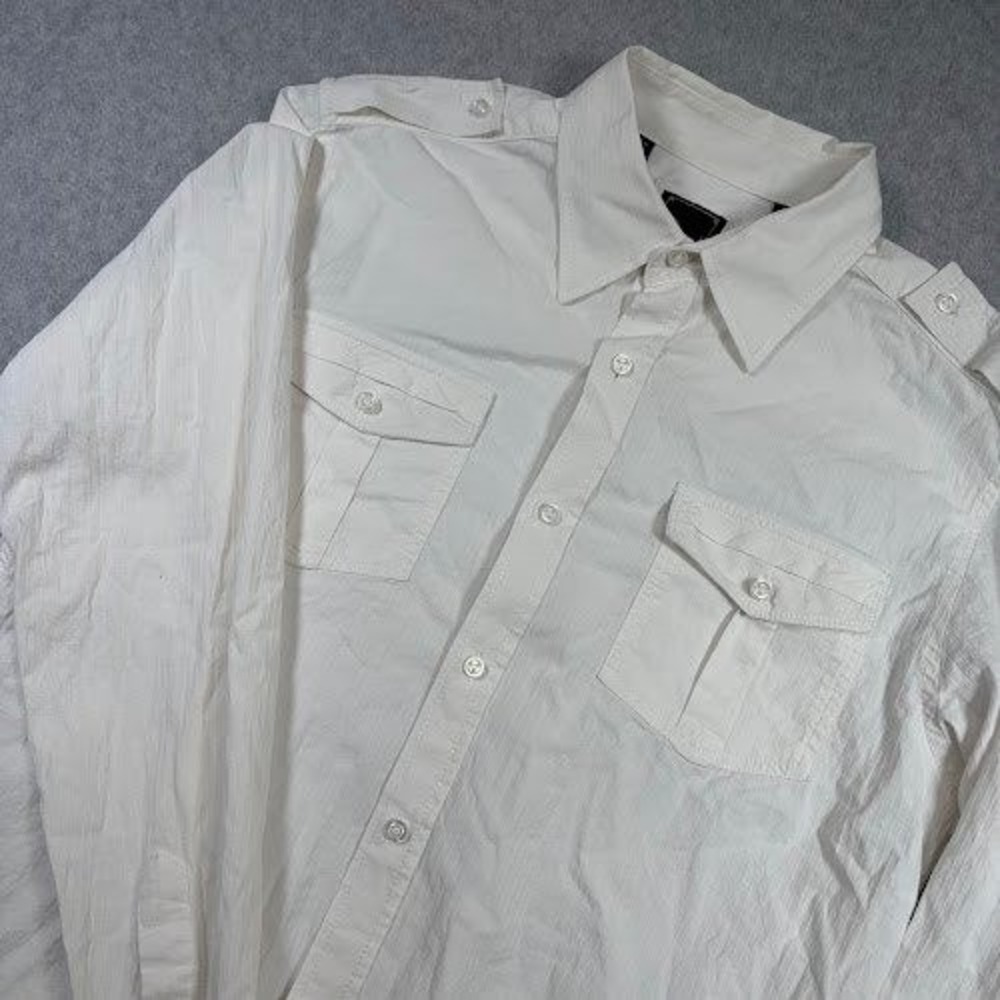 7‎ Diamonds Button up shirt Mens White Long Sleeve  Double Pocket Military Style